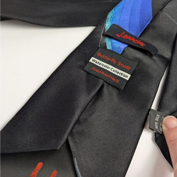 J. Garcia Butterfly Study Watercolor Black Blue Turquoise Silk Mens Neck Tie - Picture 4 of 4